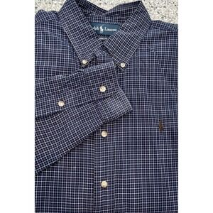 Polo Ralph Lauren Button Down Mens L Navy Brown Pony Check Classic  Long Sleeve